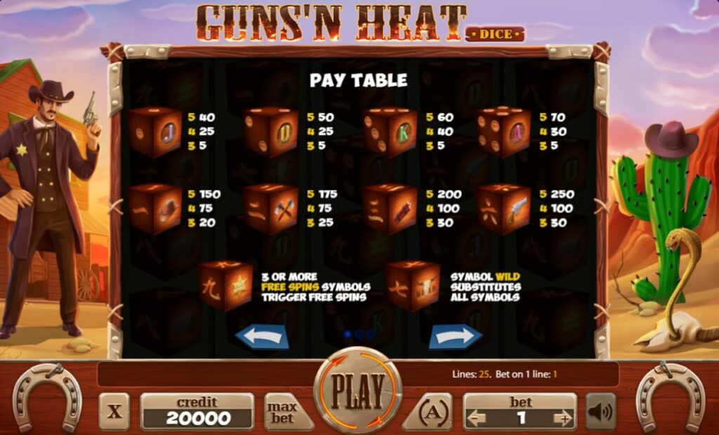 Supergame and Mancala Gaming present Guns'n Heat Dice - Guns'n Heat pay table