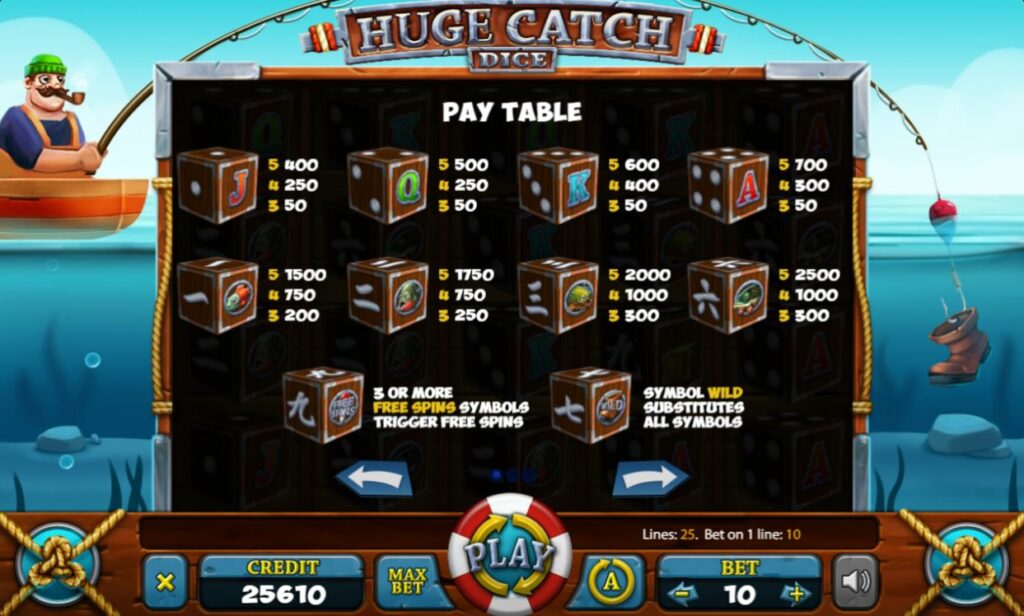 Supergame en Mancala Gaming presenteren Huge Catch Dice - Huge catch Dice pay table