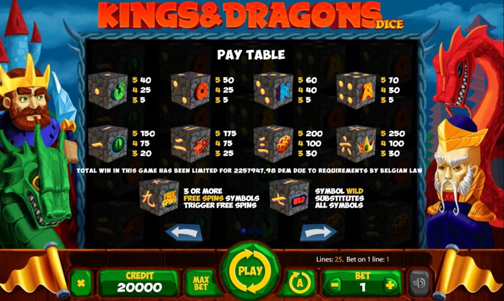 Supergame en Mancala Gaming presenteren Kings and Dragons - Mancala Gaming - Kings and dragons dice Pay table