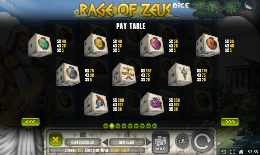 Supergame and Mancala Gaming present Rage of Zeus Dice - Rage of Zeus Pay table