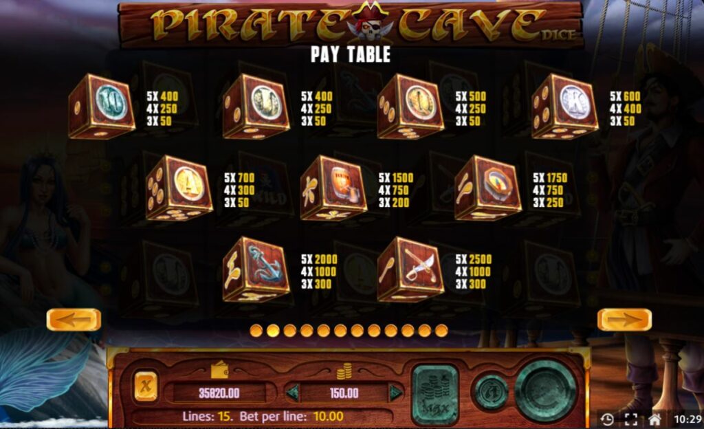 Supergame en Mancala Gaming presenteren Pirate Cave Dice - Pirate Cave DIce pay table