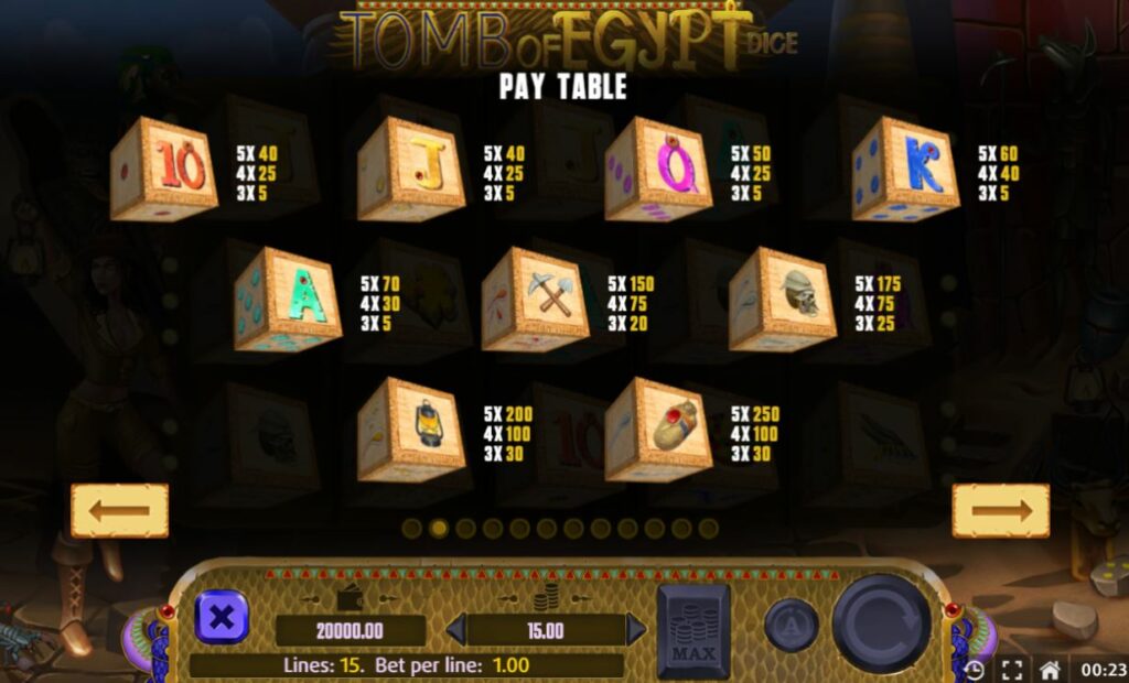 Supergame et Mancala Gaming présentent Tomb of Egypt Dice - Tomb of Egypt dice pay table