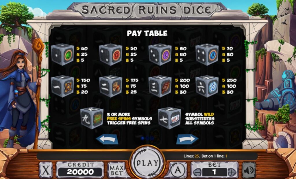 Supergame and Mancala Gaming present Sacred Ruins Dice - Sacred Ruins Dice - Pay table