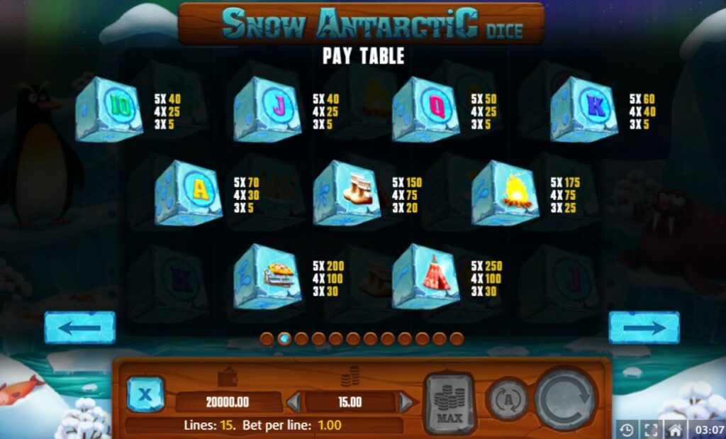 Supergame and Mancala Gaming present Snow Antarctic Dice - Snow Antarctic Dice - Pay table